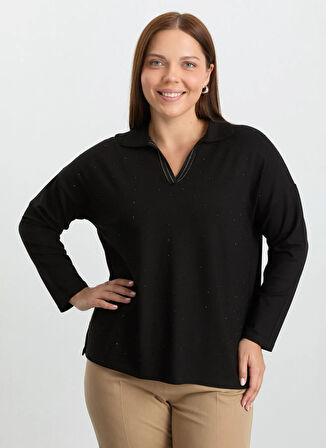 Selen Polo Yaka Taşlı Siyah Kadın Bluz 25KSL8213