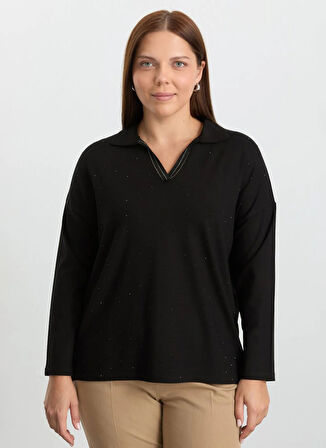 Selen Polo Yaka Taşlı Siyah Kadın Bluz 25KSL8213