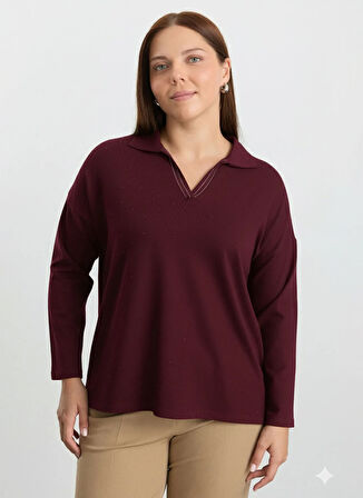 Selen Polo Yaka Taşlı Bordo Kadın Bluz 25KSL8213