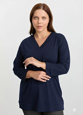 Selen V Yaka Düz Lacivert Kadın Bluz 25KSL8214