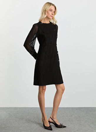 Selen Yuvarlak Yaka Desenli Siyah Standart Kadın Elbise 25KSL7710