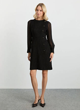 Selen Yuvarlak Yaka Desenli Siyah Standart Kadın Elbise 25KSL7710