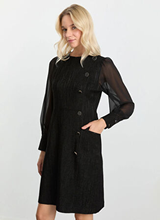 Selen Yuvarlak Yaka Desenli Siyah Standart Kadın Elbise 25KSL7710