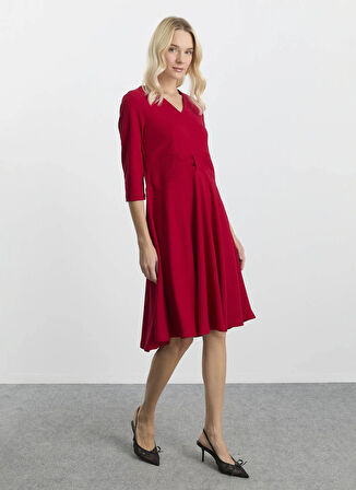 Selen V Yaka Düz Kırmızı Standart Kadın Elbise 25KSL7709