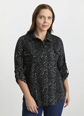 Selen Polo Yaka Leopar Desenli Gri Kadın Bluz 25KSL8225