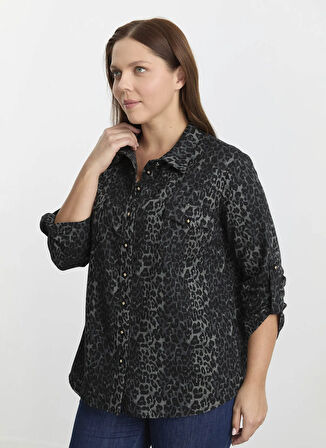 Selen Polo Yaka Leopar Desenli Gri Kadın Bluz 25KSL8225