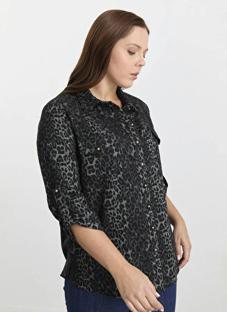 Selen Polo Yaka Leopar Desenli Gri Kadın Bluz 25KSL8225