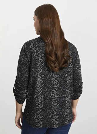 Selen Polo Yaka Leopar Desenli Gri Kadın Bluz 25KSL8225