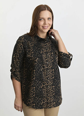 Selen Polo Yaka Leopar Desenli Vizon Kadın Bluz 25KSL8225