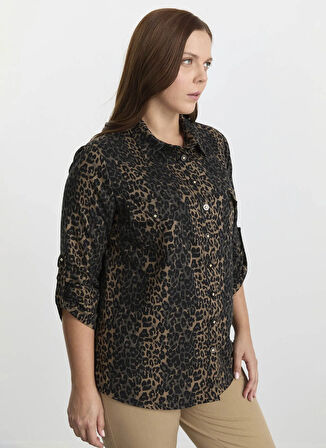 Selen Polo Yaka Leopar Desenli Vizon Kadın Bluz 25KSL8225