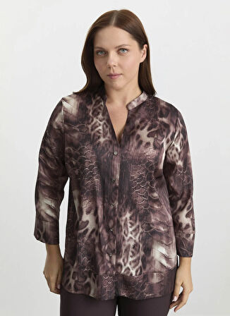 Selen Hakim Yaka Leopar Desenli Kahve Kadın Bluz 25KSL8224