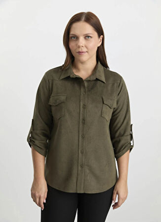 Selen Polo Yaka Fitilli Haki Kadın Bluz 25KSL8222