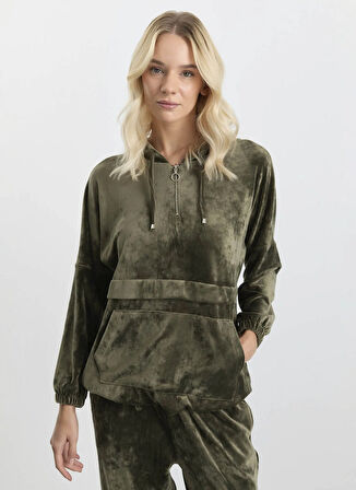 Selen Kapüşon Yaka Düz Haki Kadın Bluz 25KSL8223