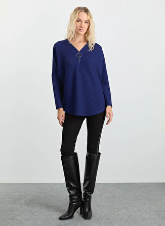 Selen V Yaka Düz Mavi Kadın Bluz 25KSL8219