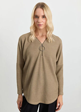 Selen V Yaka Düz Vizon Kadın Bluz 25KSL8219