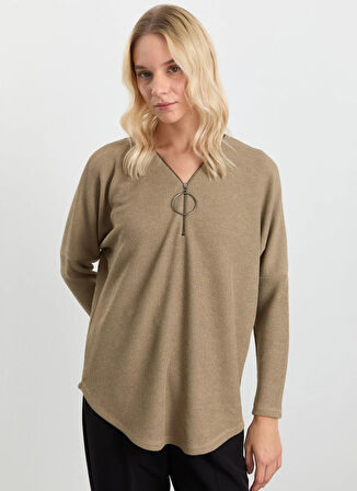 Selen V Yaka Düz Vizon Kadın Bluz 25KSL8219