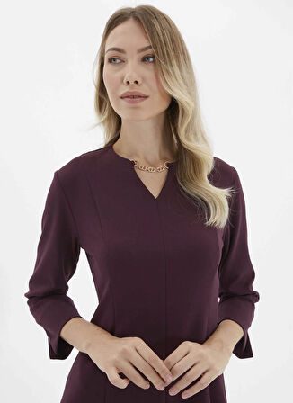 Selen V Yaka Düz Mürdüm Standart Kadın Elbise 25KSL7714