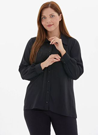 Selen Gömlek Yaka Taşlı Siyah Kadın Bluz 25KSL8229