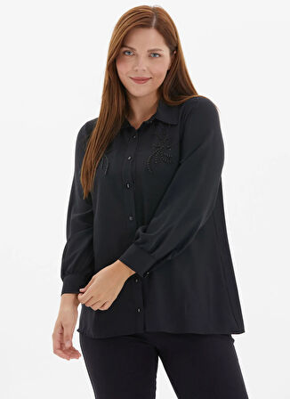 Selen Gömlek Yaka Taşlı Siyah Kadın Bluz 25KSL8229