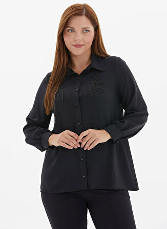 Selen Gömlek Yaka Taşlı Siyah Kadın Bluz 25KSL8229