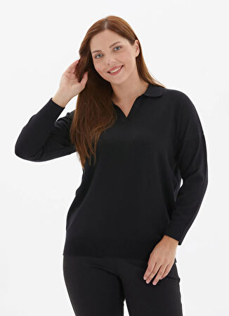 Selen Polo Yaka Düz Siyah Kadın Bluz 25KSL8238