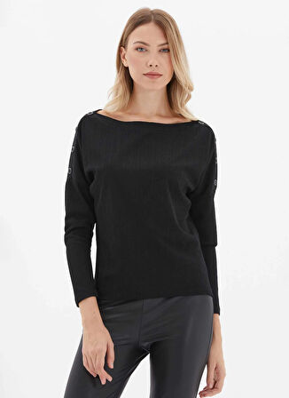 Selen Yuvarlak Yaka Çizgili Siyah Kadın Bluz 25KSL8259