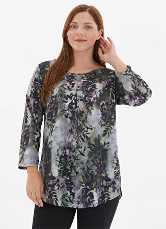 Selen Yuvarlak Yaka Emprime Yeşil Kadın Bluz 25KSL8260