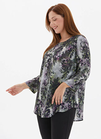 Selen Yuvarlak Yaka Emprime Yeşil Kadın Bluz 25KSL8260