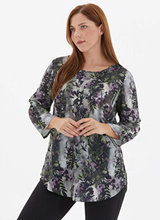 Selen Yuvarlak Yaka Emprime Yeşil Kadın Bluz 25KSL8260