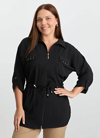 Selen Polo Yaka Taşlı Siyah Kadın Bluz 25KSL8261