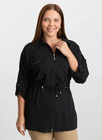 Selen Polo Yaka Taşlı Siyah Kadın Bluz 25KSL8261