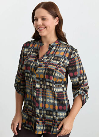 Selen Hakim Yaka Desenli Gri Kadın Bluz 25KSL8263