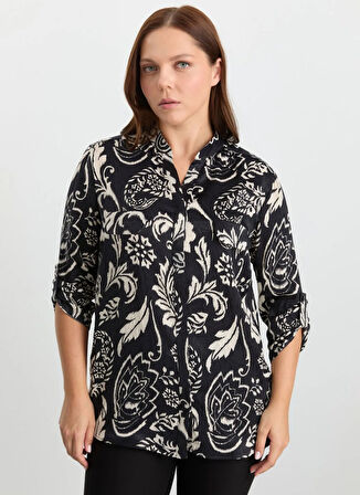 Selen Hakim Yaka Çiçek Desenli Siyah Kadın Bluz 25KSL8265