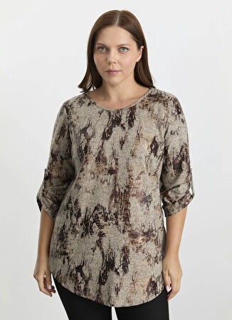 Selen Bisiklet Yaka Varaklı Bej Kadın Bluz 25KSL8266