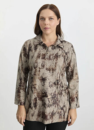 Selen Polo Yaka Varaklı Bej Kadın Bluz 25KSL8267