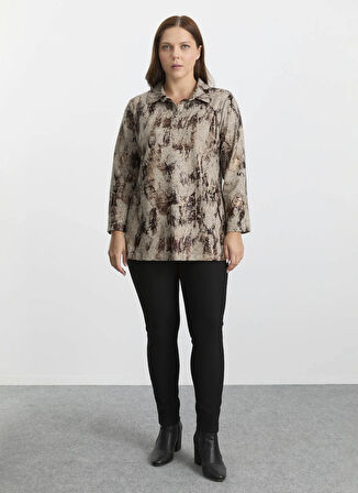 Selen Polo Yaka Varaklı Bej Kadın Bluz 25KSL8267