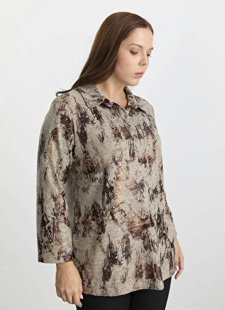 Selen Polo Yaka Varaklı Bej Kadın Bluz 25KSL8267