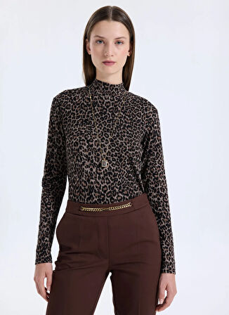 Selen Balıkçı Yaka Leopar Desenli Kahve Kadın Bluz 25KSL8271
