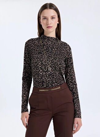 Selen Balıkçı Yaka Leopar Desenli Kahve Kadın Bluz 25KSL8271