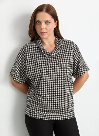 Selen Degaje Yaka Kaz Ayağı Desenli Siyah Kadın Bluz 25KSL8272