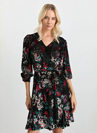 Selen V Yaka Desenli Siyah Standart Kadın Elbise 25KSL7720