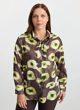 Selen Polo Yaka Çiçek Desenli Kahve Kadın Bluz 25KSL8296