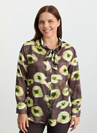 Selen Polo Yaka Çiçek Desenli Kahve Kadın Bluz 25KSL8296