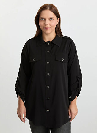 Selen Polo Yaka Düz Siyah Kadın Bluz 25KSL8297