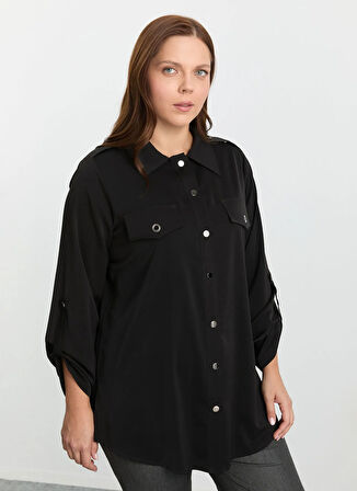 Selen Polo Yaka Düz Siyah Kadın Bluz 25KSL8297