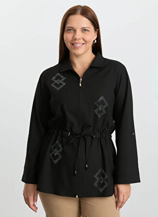 Selen Polo Yaka Taşlı Siyah Kadın Bluz 25KSL8299