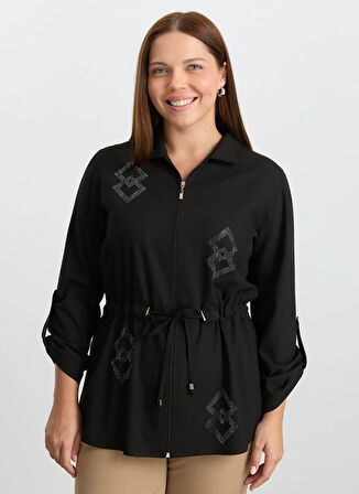 Selen Polo Yaka Taşlı Siyah Kadın Bluz 25KSL8299