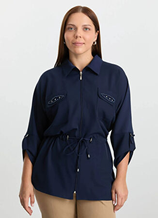 Selen Polo Yaka Taşlı Lacivert Kadın Bluz 25KSL8261