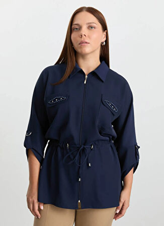 Selen Polo Yaka Taşlı Lacivert Kadın Bluz 25KSL8261