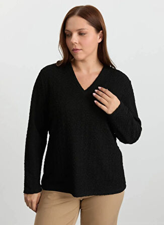 Selen V Yaka Armürlü Siyah Kadın Bluz 25KSL8306